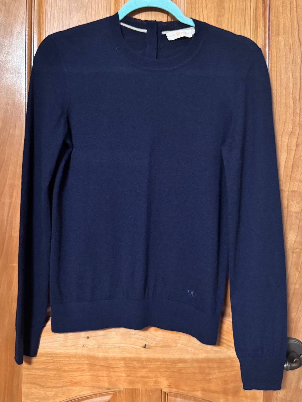 Tory Burch 100% Cashmere Navy Crew Neck Sweater TB Logo Buttons EUC